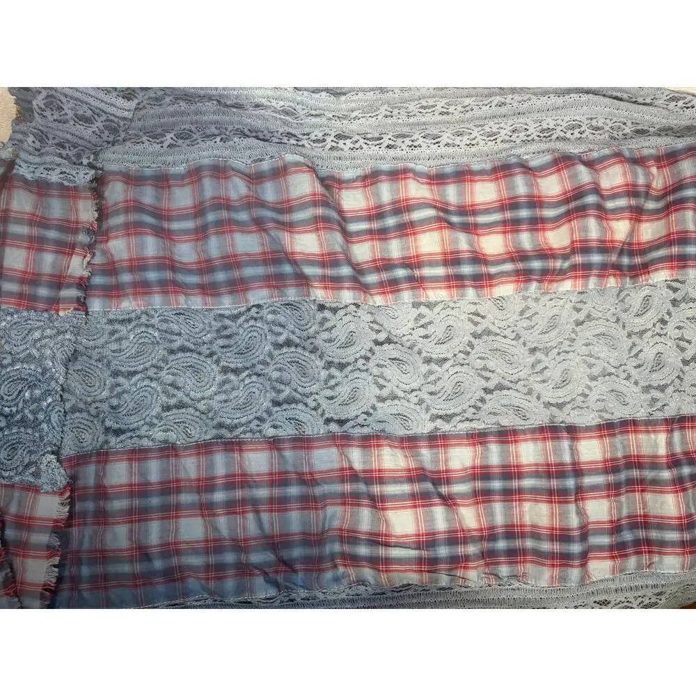 Free People Boho Lace Scarf Patchwork Plaid Cottagecore Oversized Blue Red 27x70